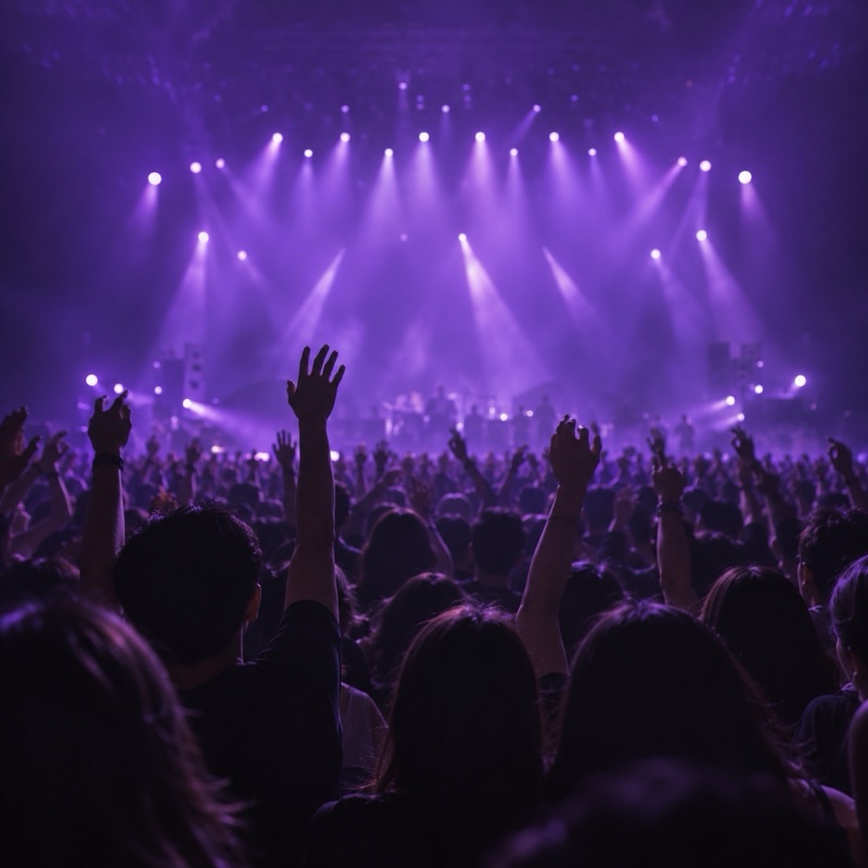 보라 조명 아래 손을 든 콘서트 관객