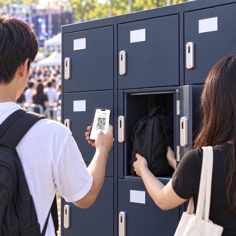 행사장 락커 앞에서 페스락 예약 QR 화면을 든 관람객과 열린 칸에 백팩을 넣는 관람객