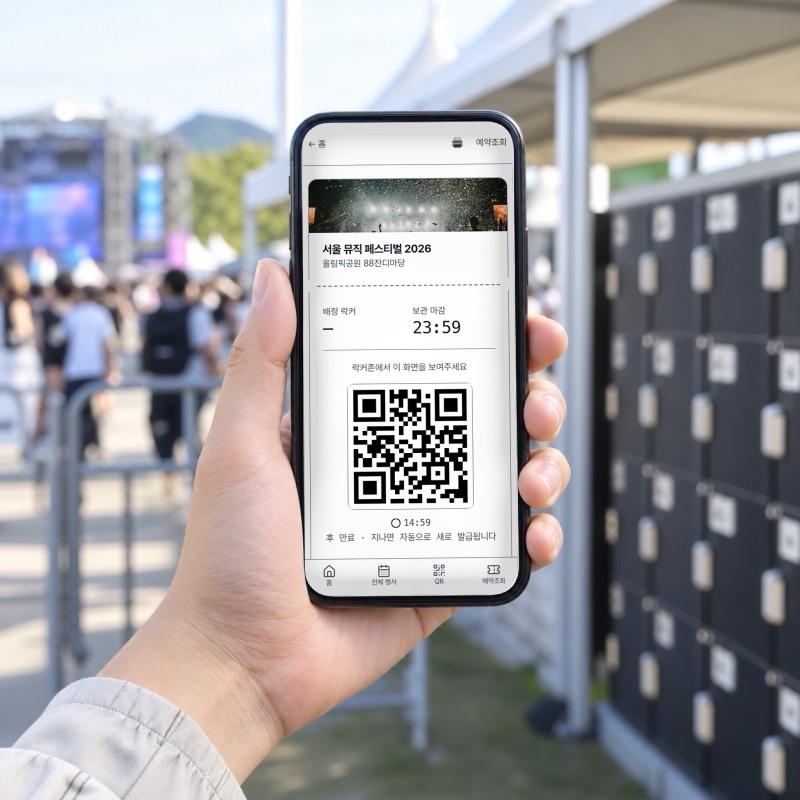 락커 앞에서 페스락 예약 QR 화면을 띄운 휴대폰을 든 손